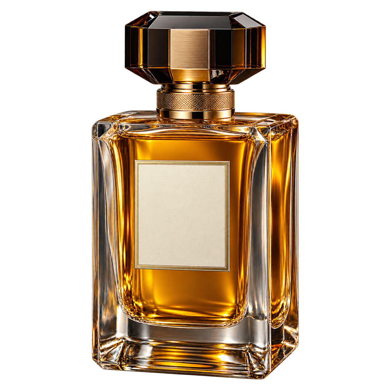 Thick-glass perfume bottle with amber fragrance and a dark gold cap